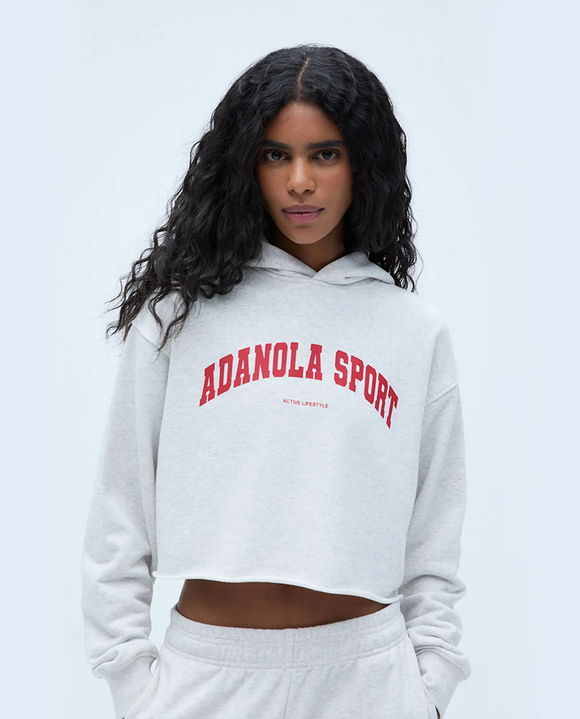 AS Raw Hem Crop Hoodie - Light Grey Melange/Classic Red