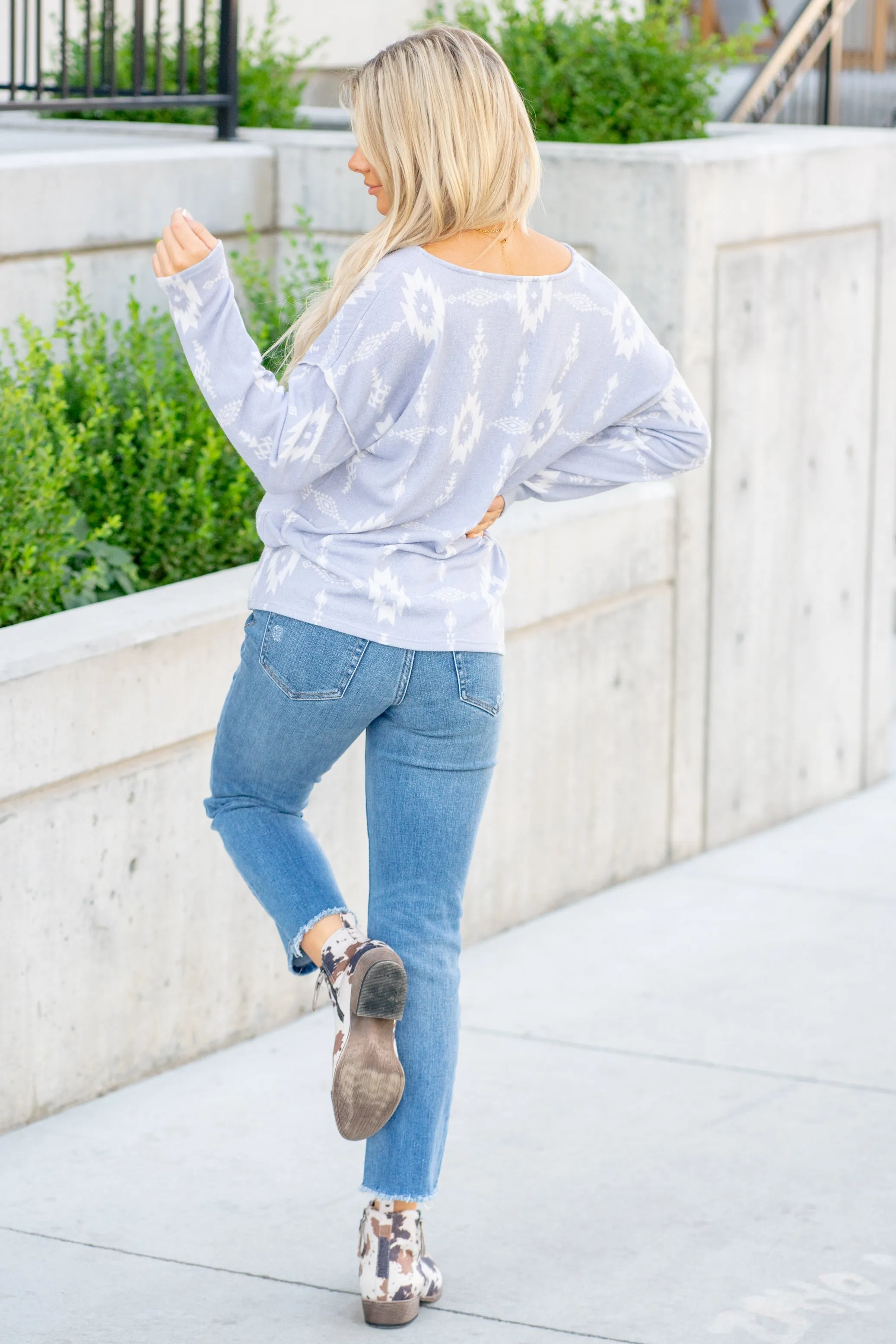 Aztec Print Knit Top - Grey