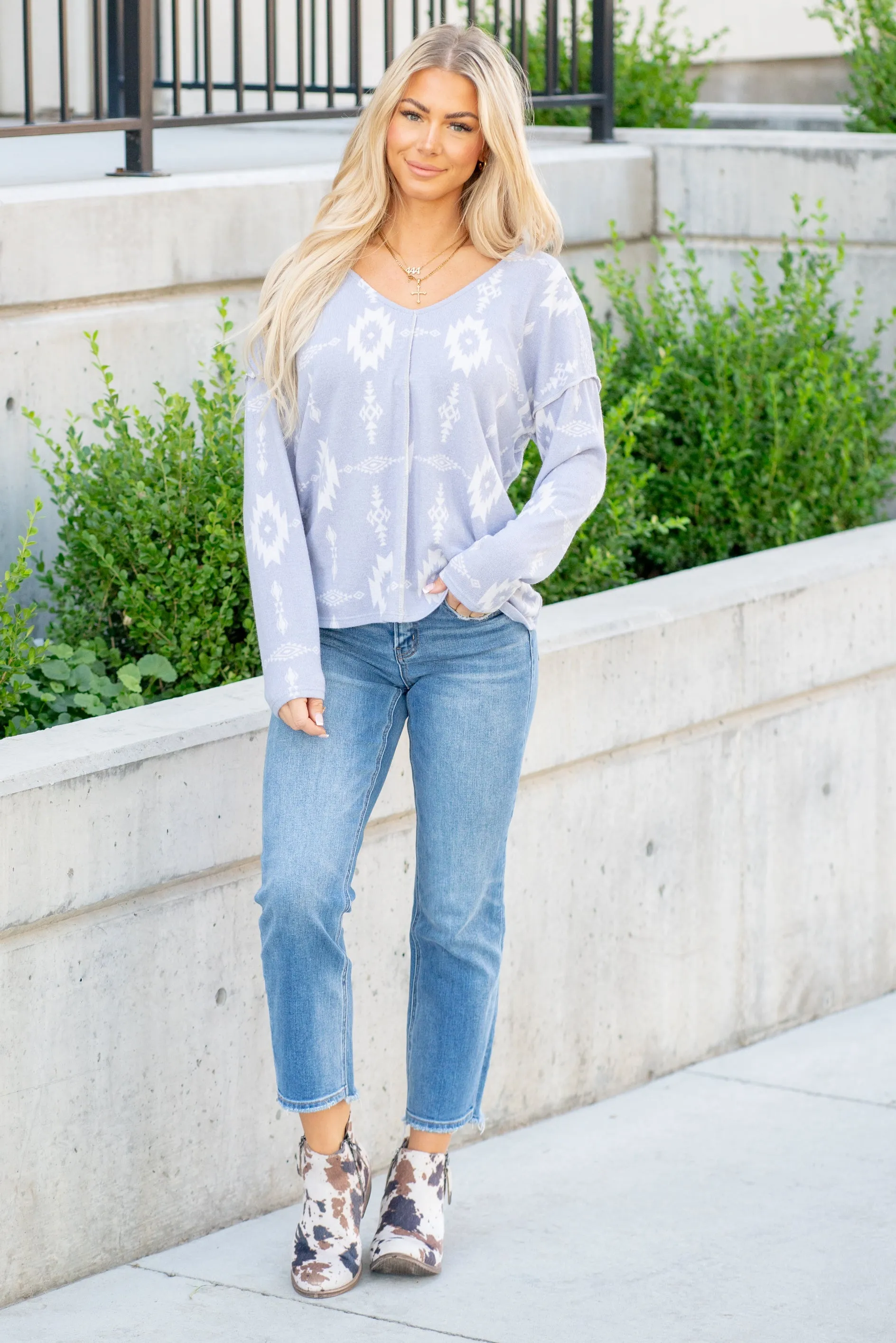 Aztec Print Knit Top - Grey