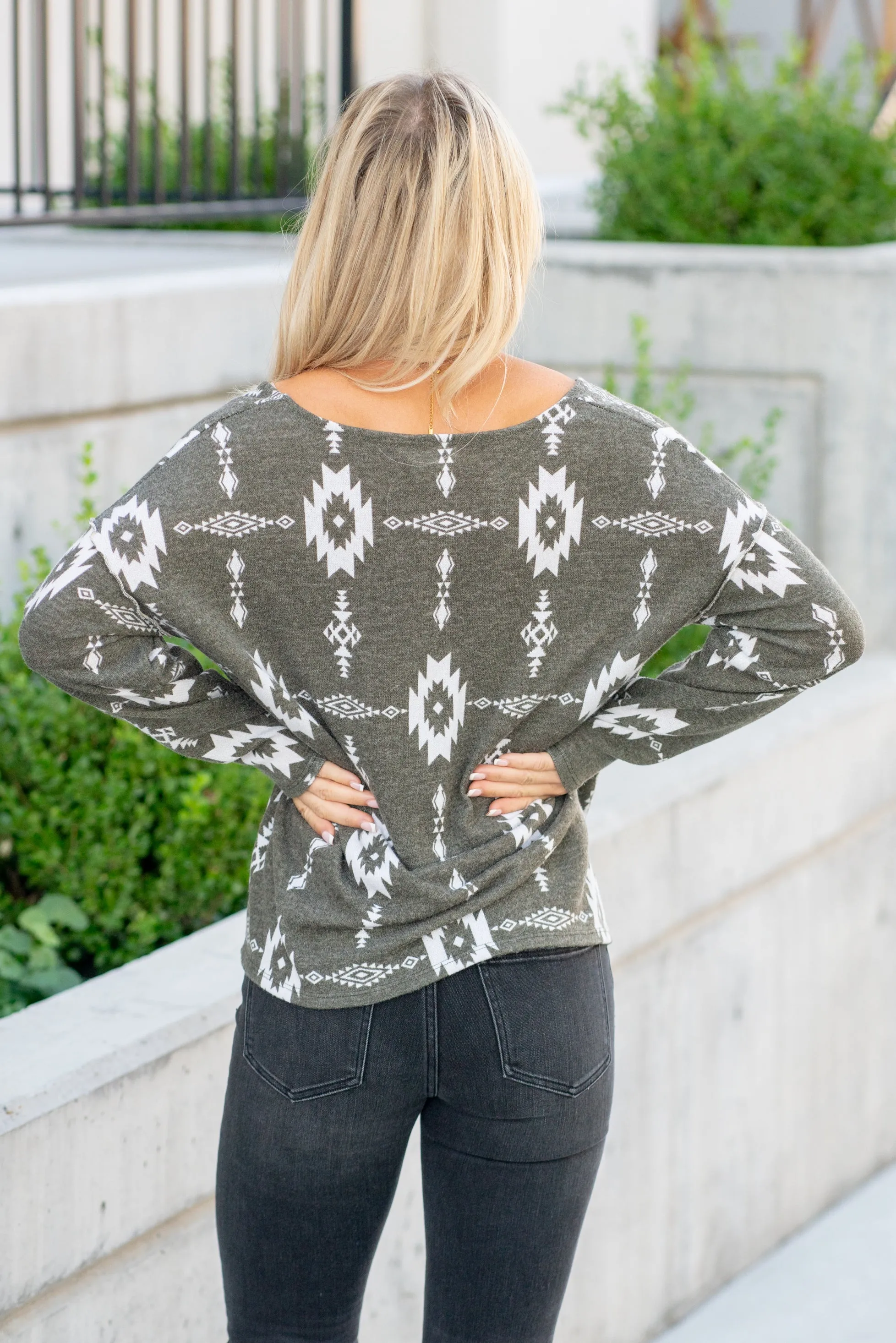 Aztec Print Knit Top - Olive
