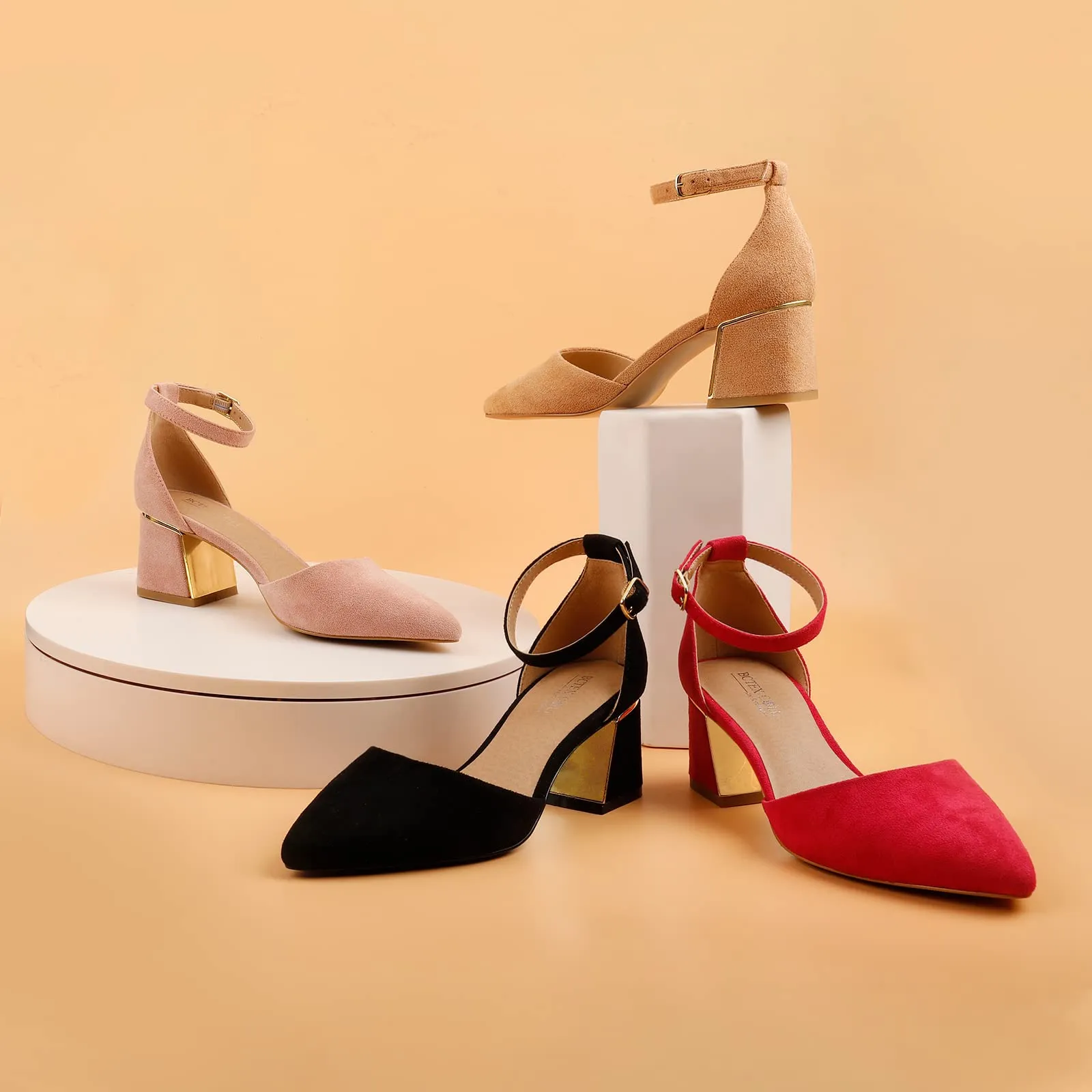 BCTEX COLL Womens Pointed Toe Pumps Shoes Ankle Strap Chunky Low Heels Metal Lined Sandals Designed for Women(cam7.5) Camel
