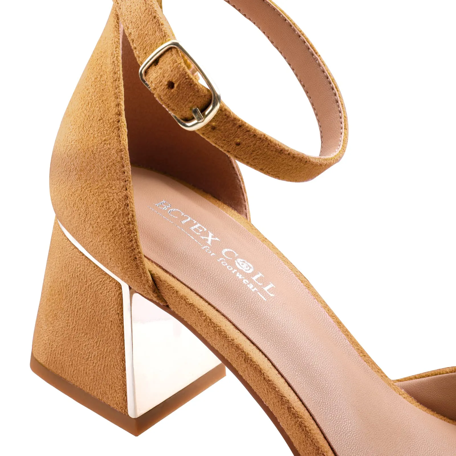 BCTEX COLL Womens Pointed Toe Pumps Shoes Ankle Strap Chunky Low Heels Metal Lined Sandals Designed for Women(cam7.5) Camel