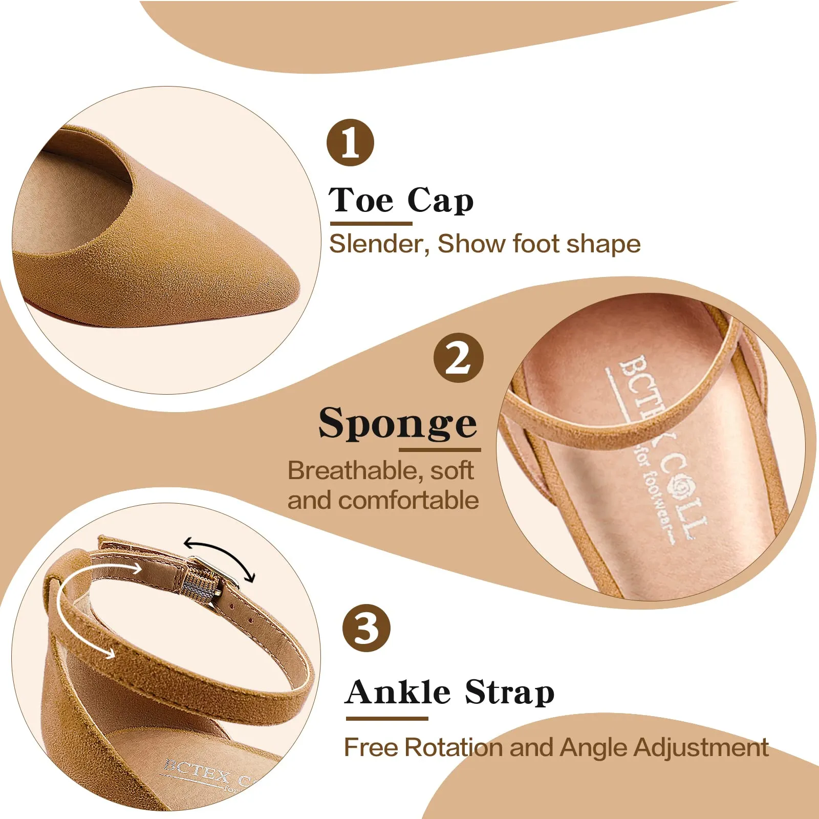 BCTEX COLL Womens Pointed Toe Pumps Shoes Ankle Strap Chunky Low Heels Metal Lined Sandals Designed for Women(cam7.5) Camel