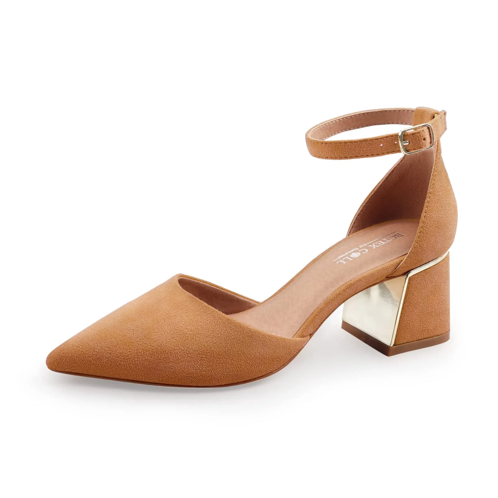 BCTEX COLL Womens Pointed Toe Pumps Shoes Ankle Strap Chunky Low Heels Metal Lined Sandals Designed for Women(cam7.5) Camel