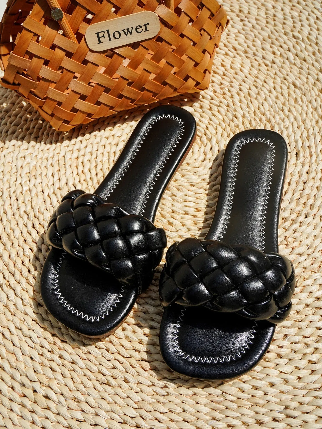 Black Matte Braided Slides Flat Sandals