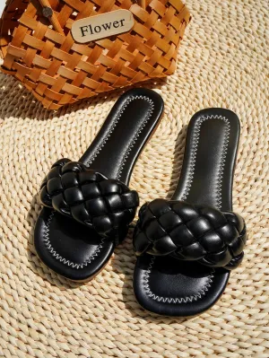 Black Matte Braided Slides Flat Sandals