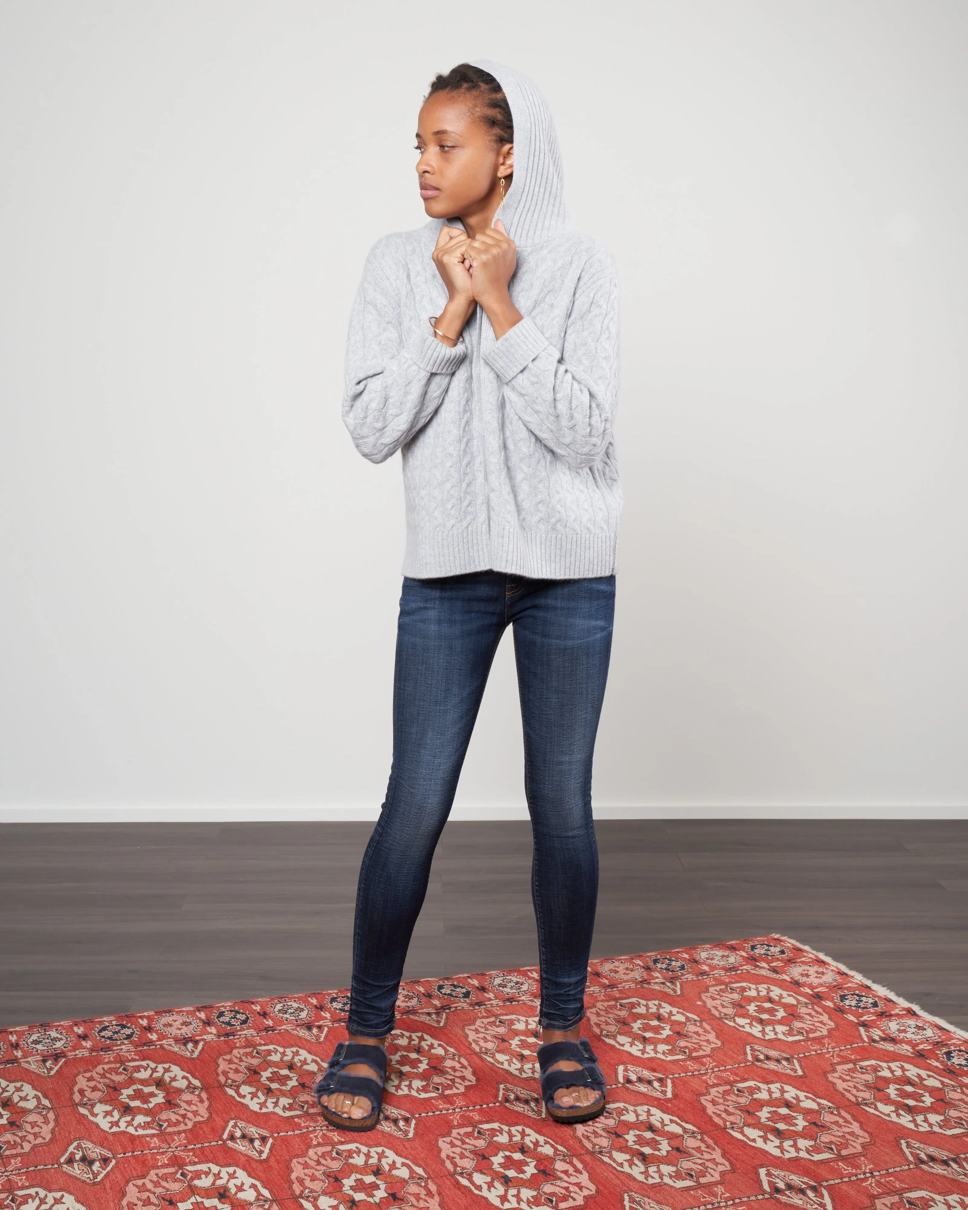cable cardigan w/ hood - sterling