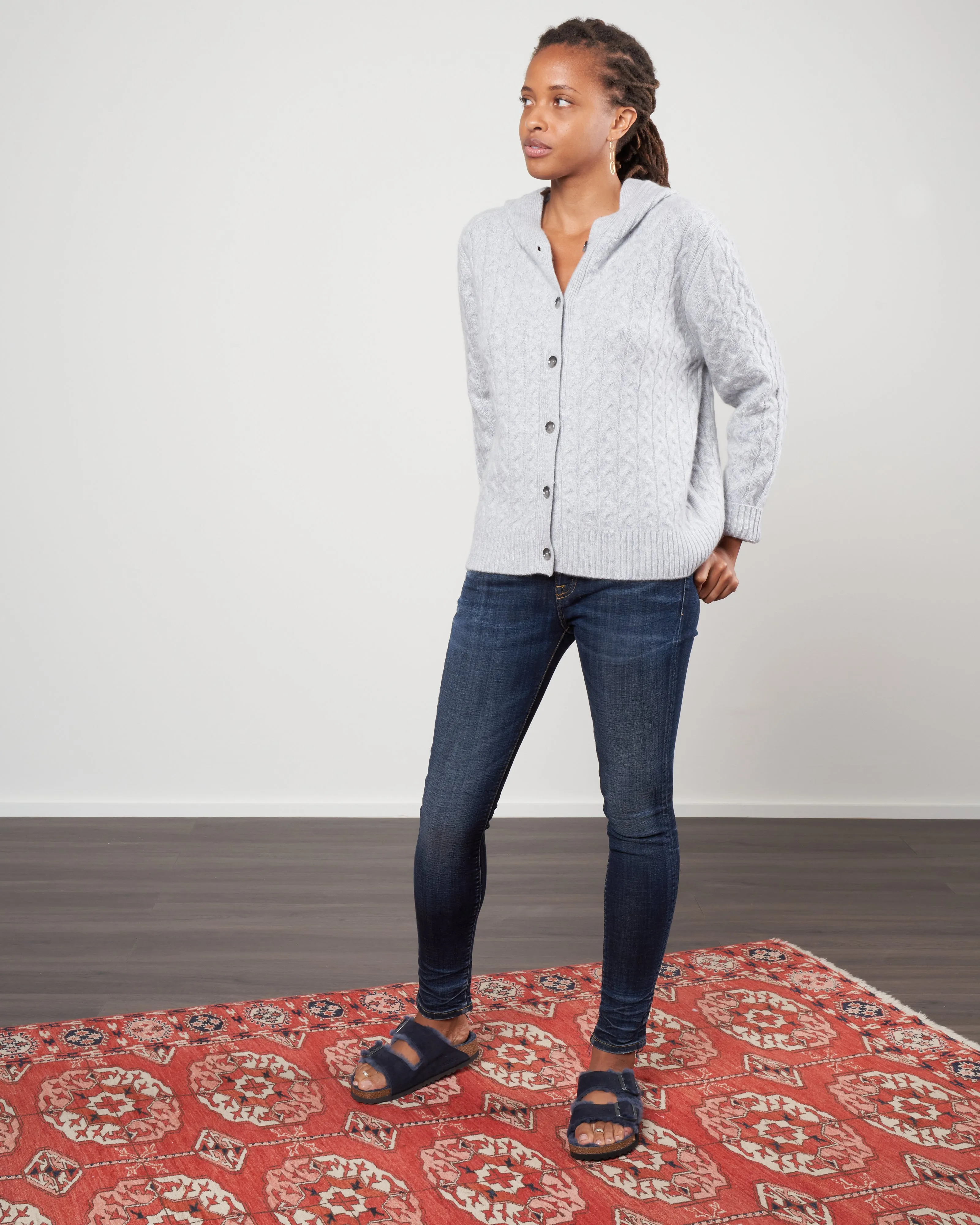 cable cardigan w/ hood - sterling