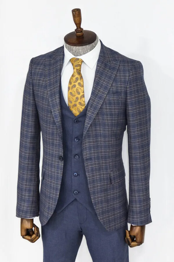 Checked Slim Fit Blue Men Suit - Wessi