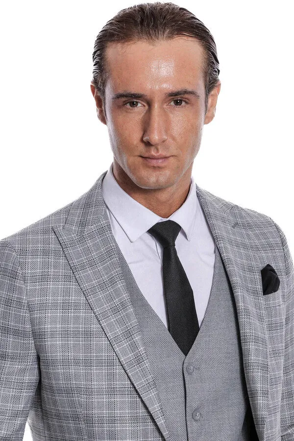 Checked Slim Fit Light Grey Men Suit - Wessi