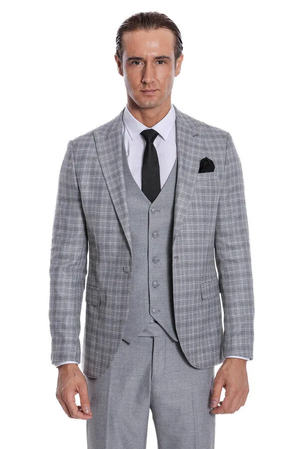 Checked Slim Fit Light Grey Men Suit - Wessi