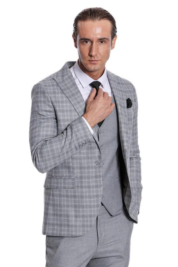 Checked Slim Fit Light Grey Men Suit - Wessi