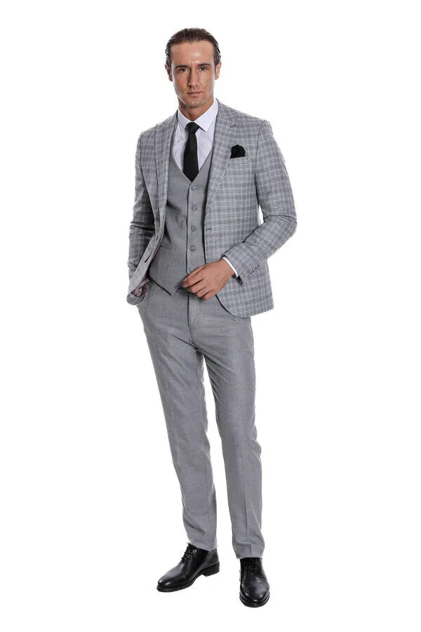 Checked Slim Fit Light Grey Men Suit - Wessi