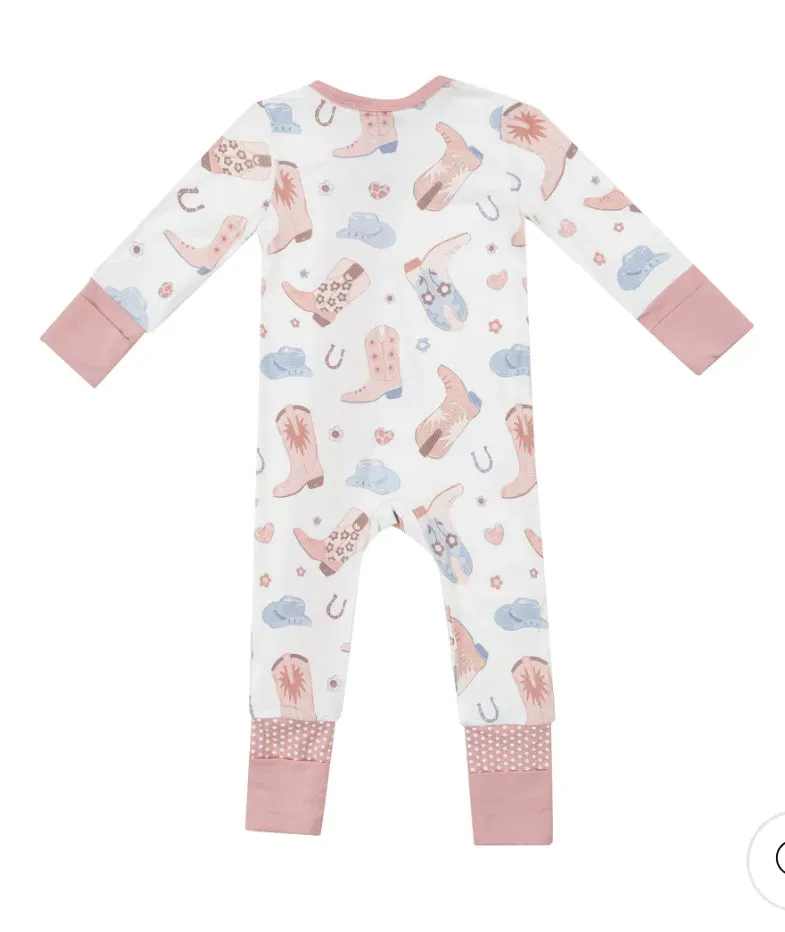 Cowboy Boots 2 Way Zipper Romper - Pink
