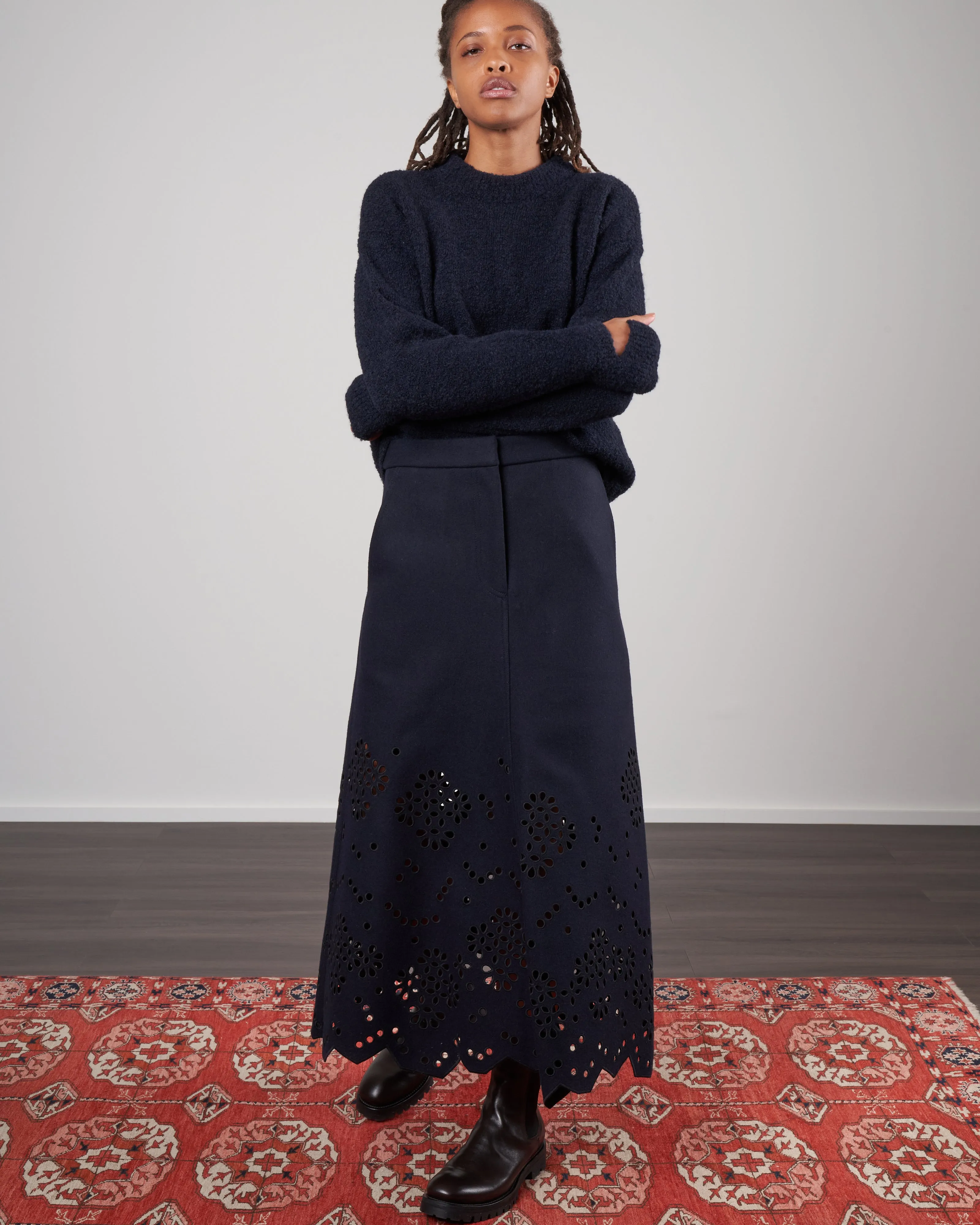 eyelet embroidery felted wool maxi skirt - navy