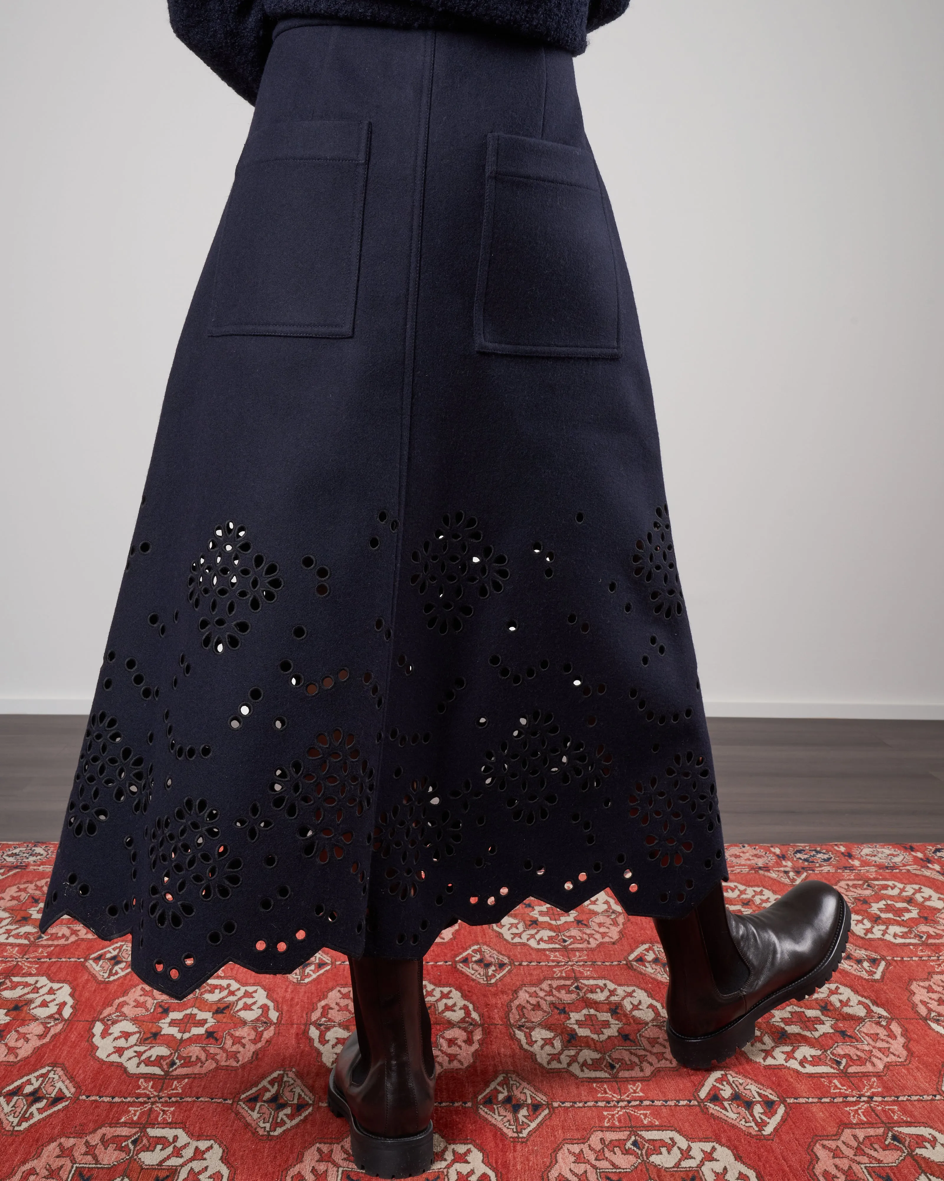 eyelet embroidery felted wool maxi skirt - navy