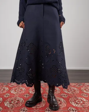 eyelet embroidery felted wool maxi skirt - navy