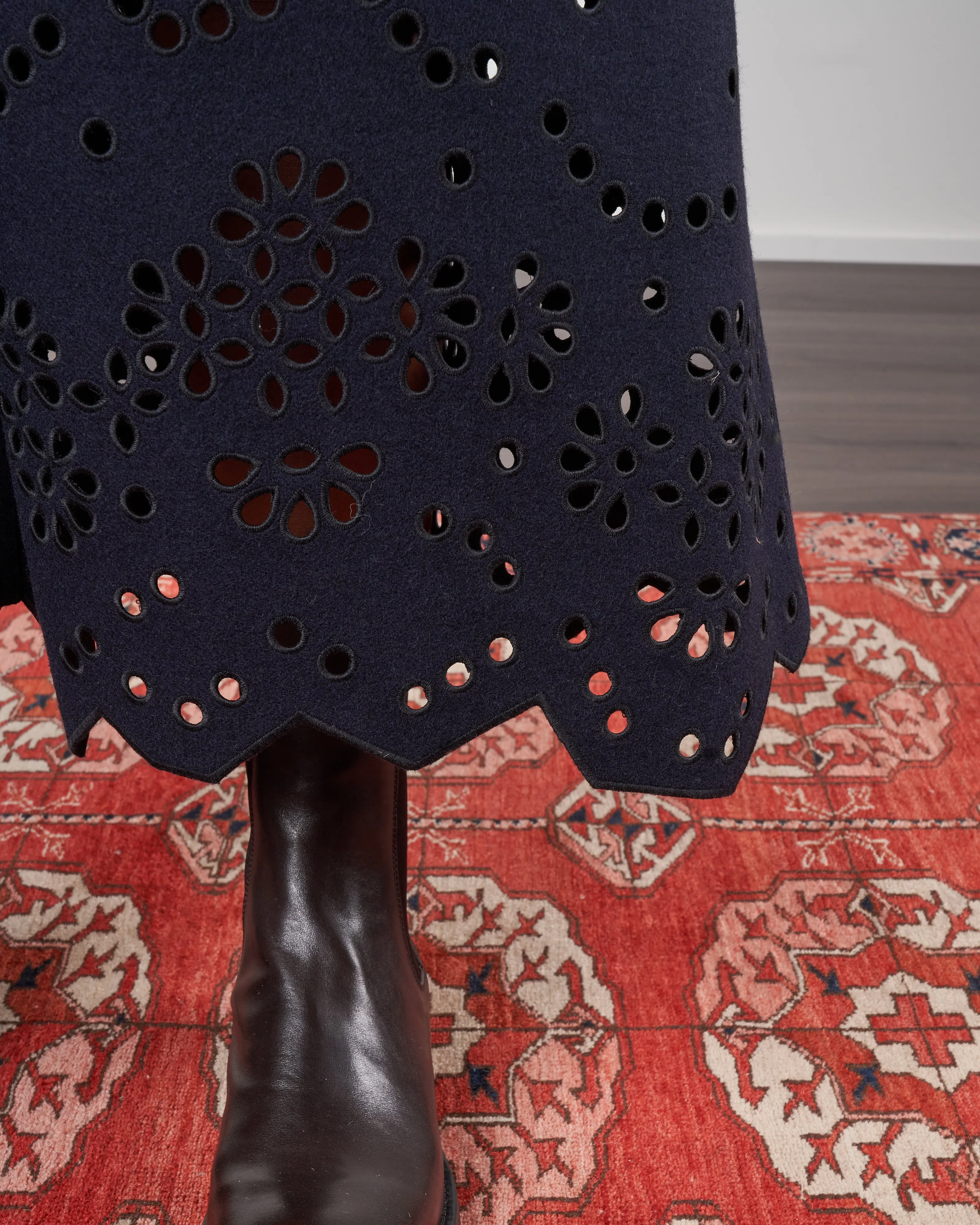 eyelet embroidery felted wool maxi skirt - navy