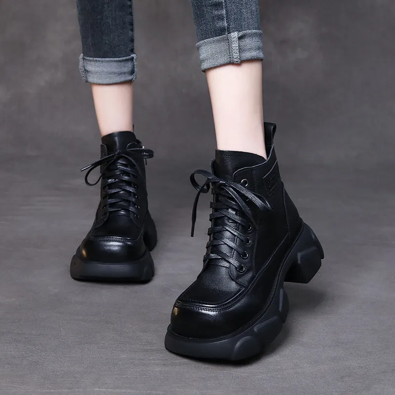First Layer Cowhide Retro Martin Boots Square Toe Leather Lace-up Thick Heel Women's Shoes