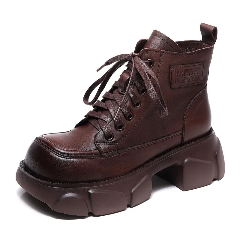 First Layer Cowhide Retro Martin Boots Square Toe Leather Lace-up Thick Heel Women's Shoes