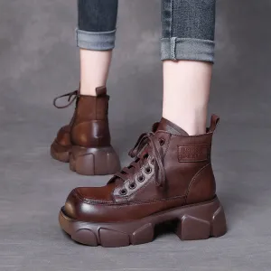 First Layer Cowhide Retro Martin Boots Square Toe Leather Lace-up Thick Heel Women's Shoes
