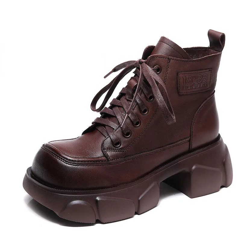 First Layer Cowhide Retro Martin Boots Square Toe Leather Lace-up Thick Heel Women's Shoes
