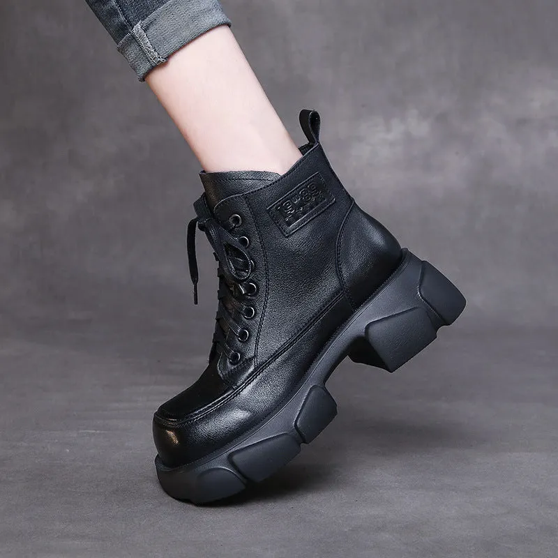 First Layer Cowhide Retro Martin Boots Square Toe Leather Lace-up Thick Heel Women's Shoes