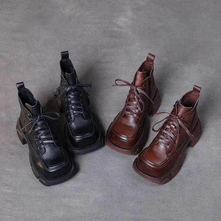 First Layer Cowhide Retro Martin Boots Square Toe Leather Lace-up Thick Heel Women's Shoes