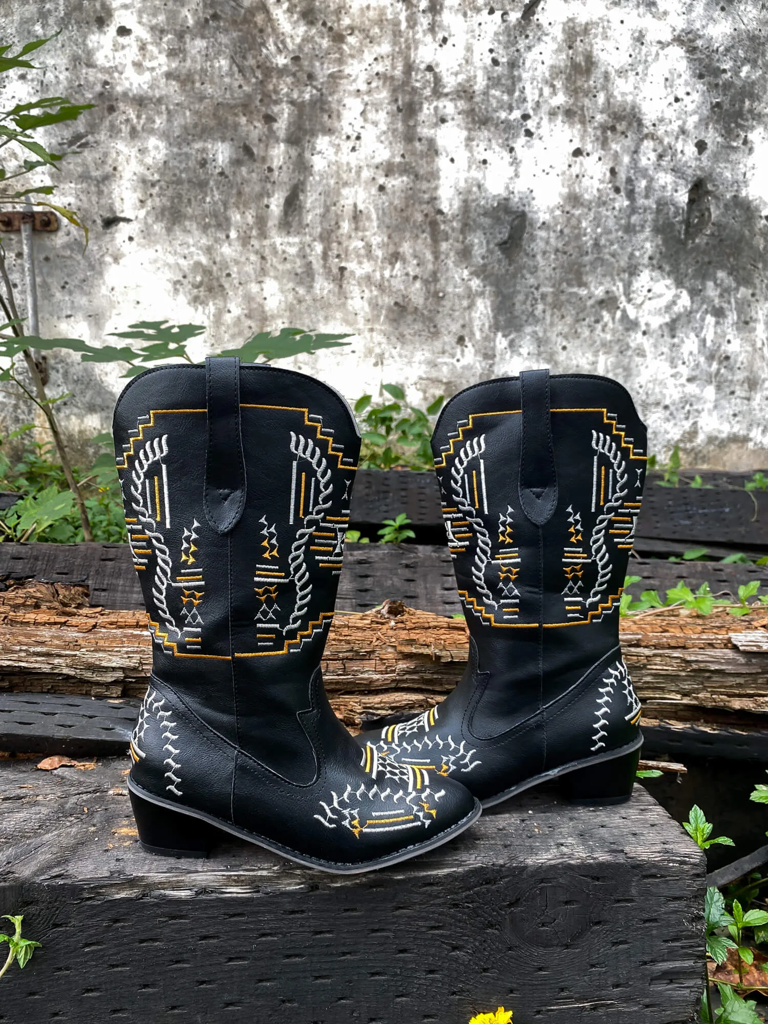 Geometric Embroidered Knee Cowboy Boots - Black