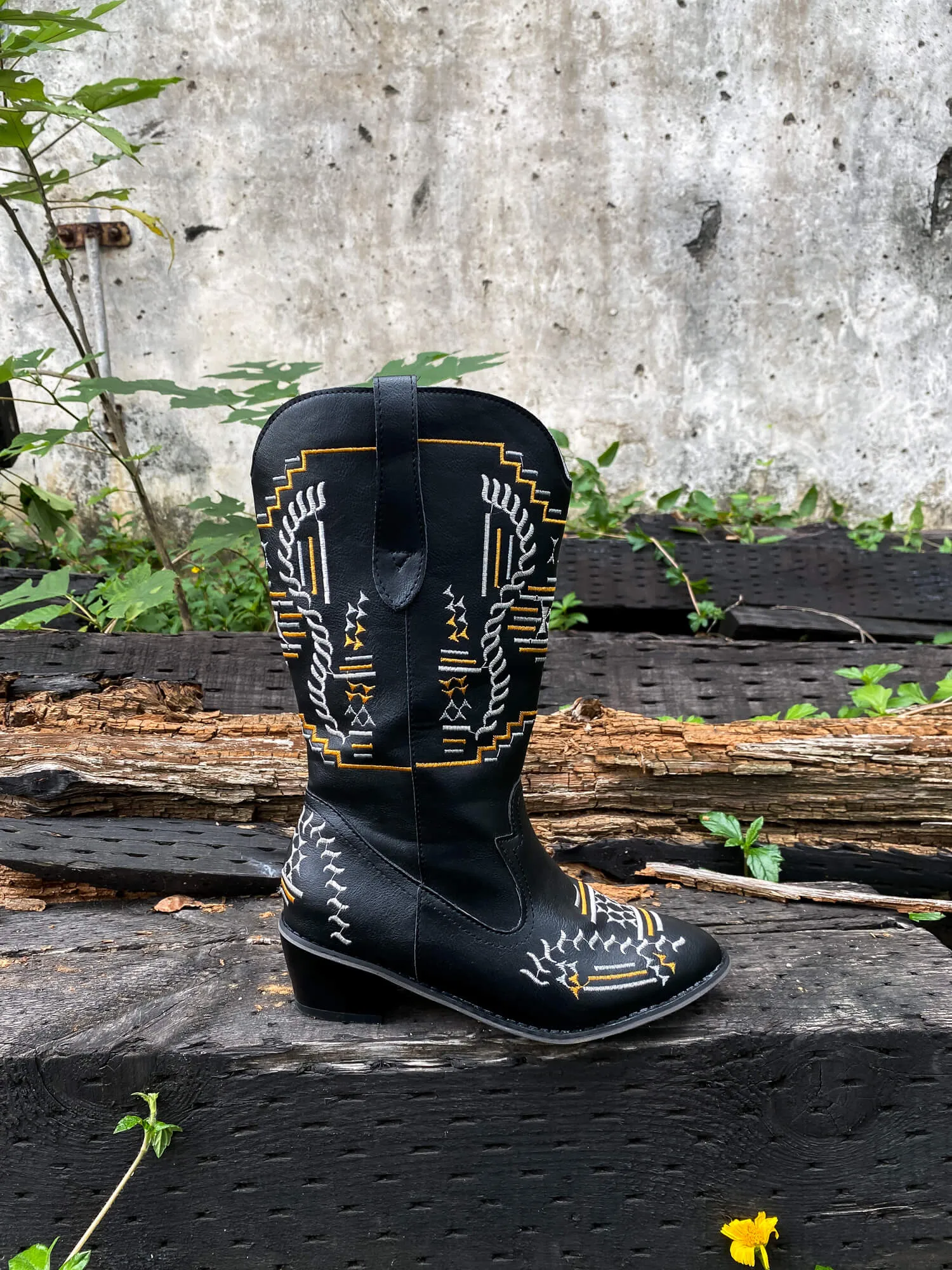 Geometric Embroidered Knee Cowboy Boots - Black