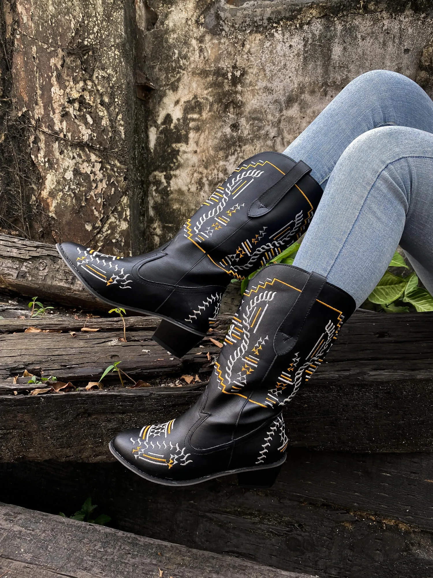 Geometric Embroidered Knee Cowboy Boots - Black