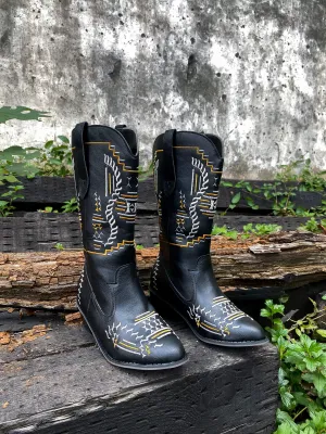 Geometric Embroidered Knee Cowboy Boots - Black