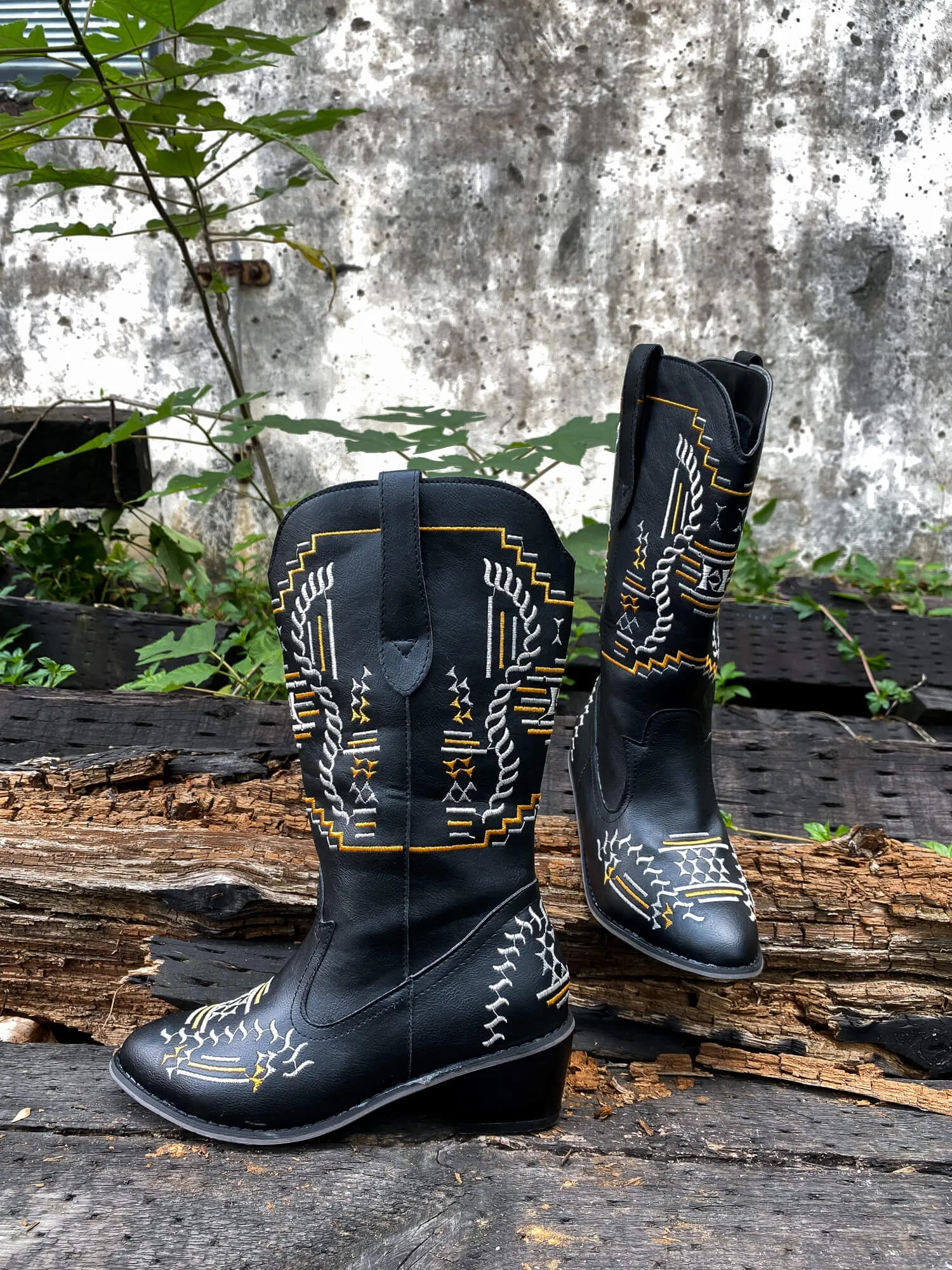 Geometric Embroidered Knee Cowboy Boots - Black