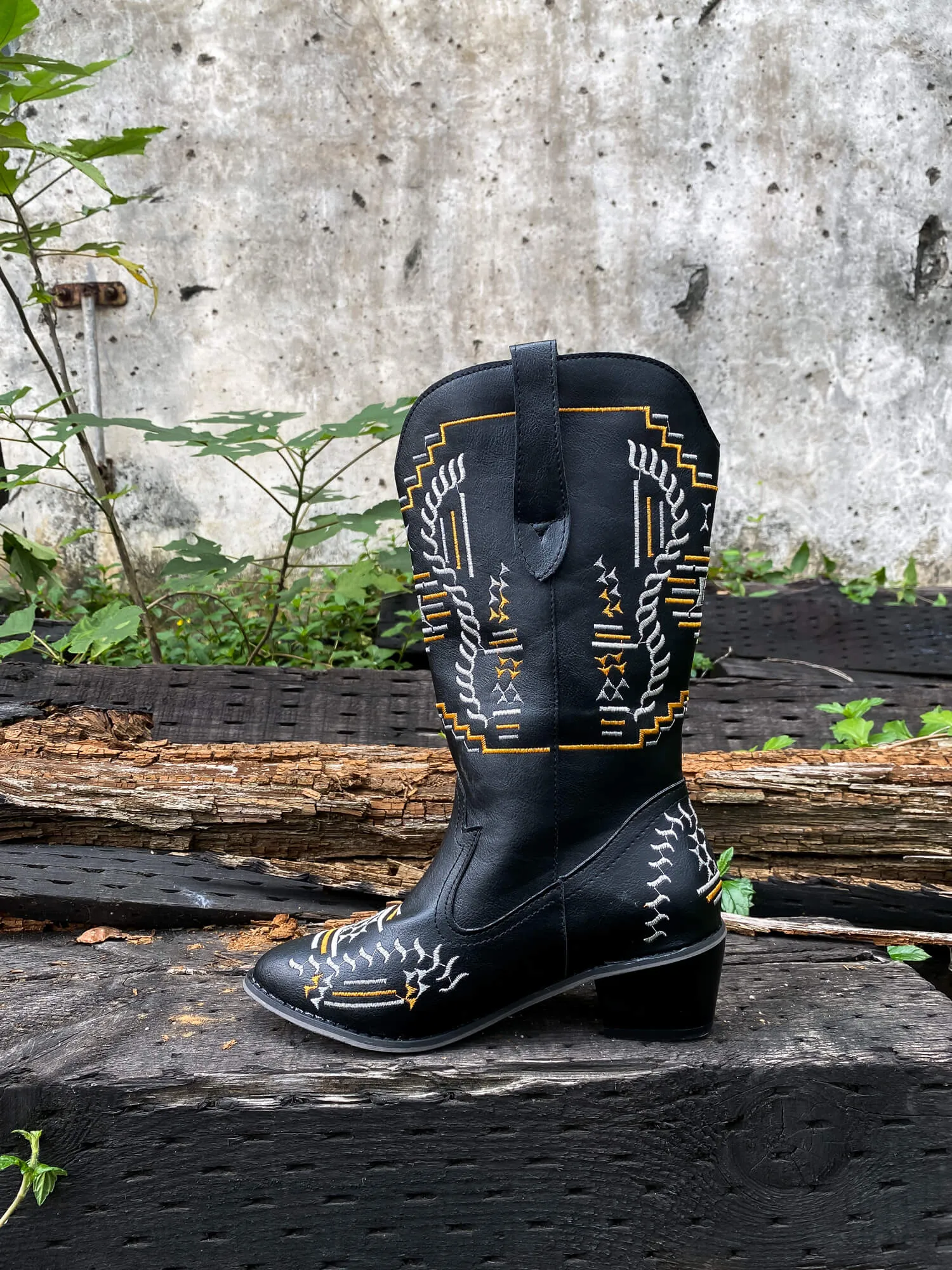 Geometric Embroidered Knee Cowboy Boots - Black