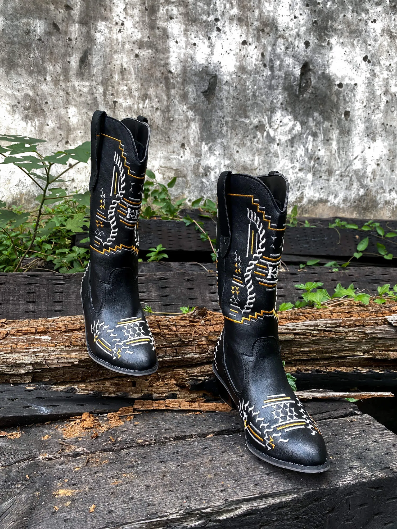 Geometric Embroidered Knee Cowboy Boots - Black