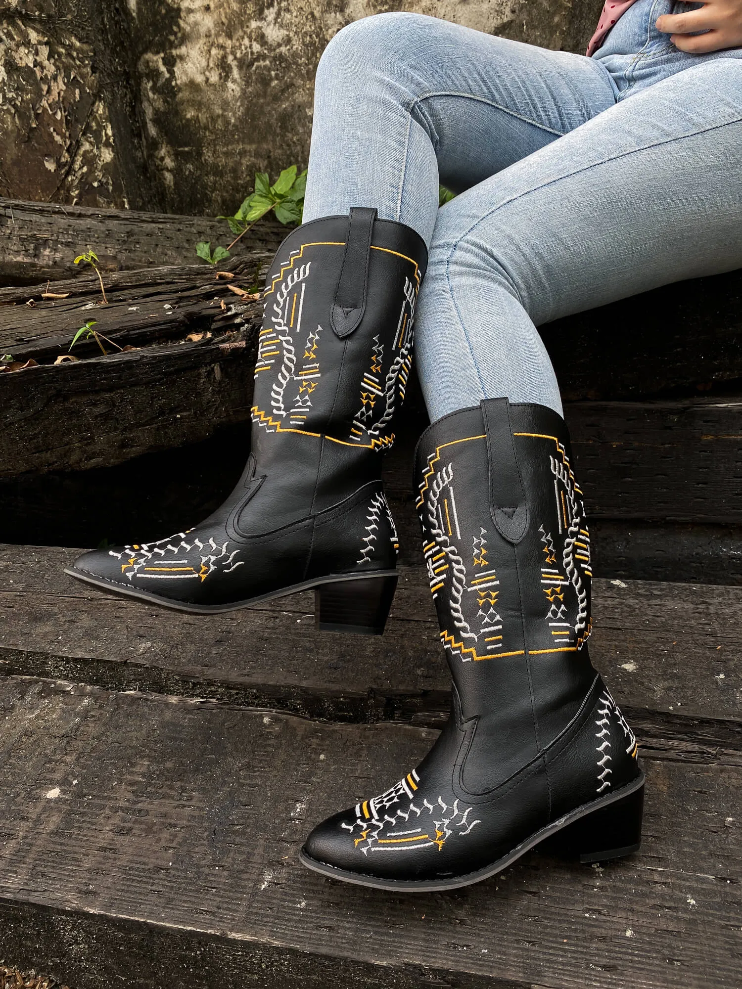 Geometric Embroidered Knee Cowboy Boots - Black