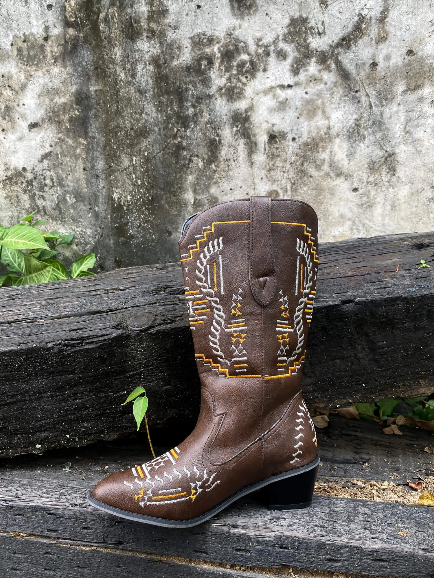 Geometric Embroidered Knee Cowboy Boots - Brown