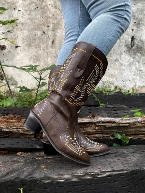 Geometric Embroidered Knee Cowboy Boots - Brown