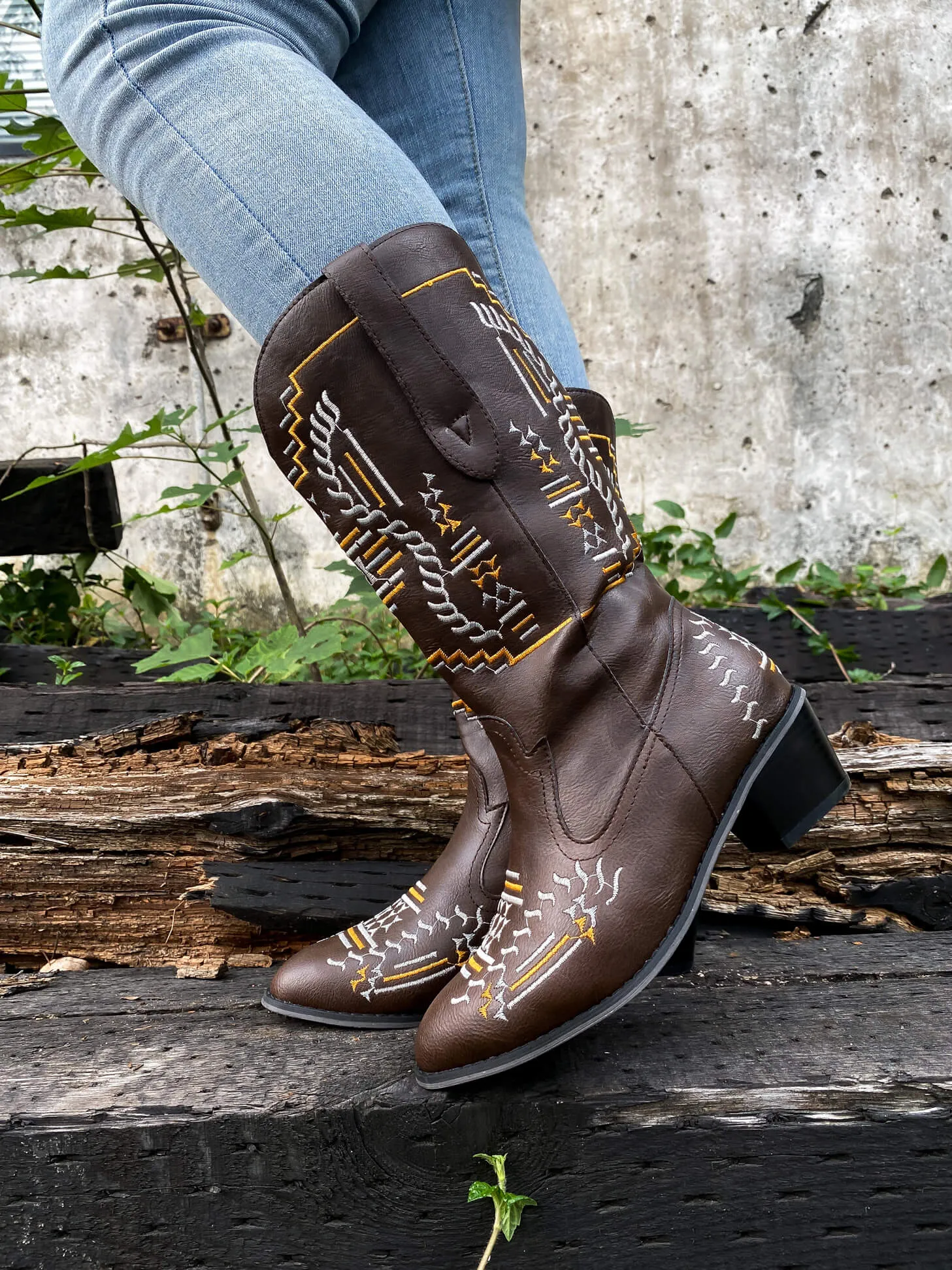 Geometric Embroidered Knee Cowboy Boots - Brown