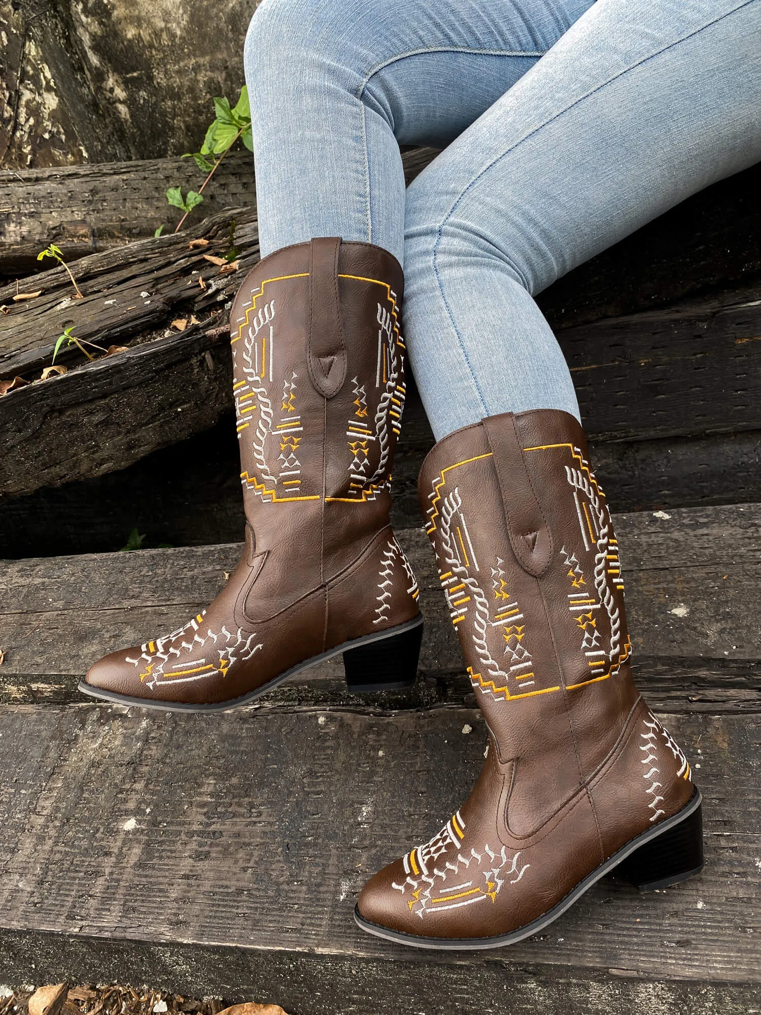 Geometric Embroidered Knee Cowboy Boots - Brown
