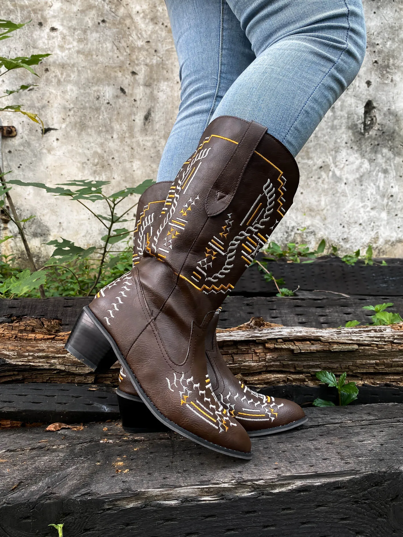 Geometric Embroidered Knee Cowboy Boots - Brown