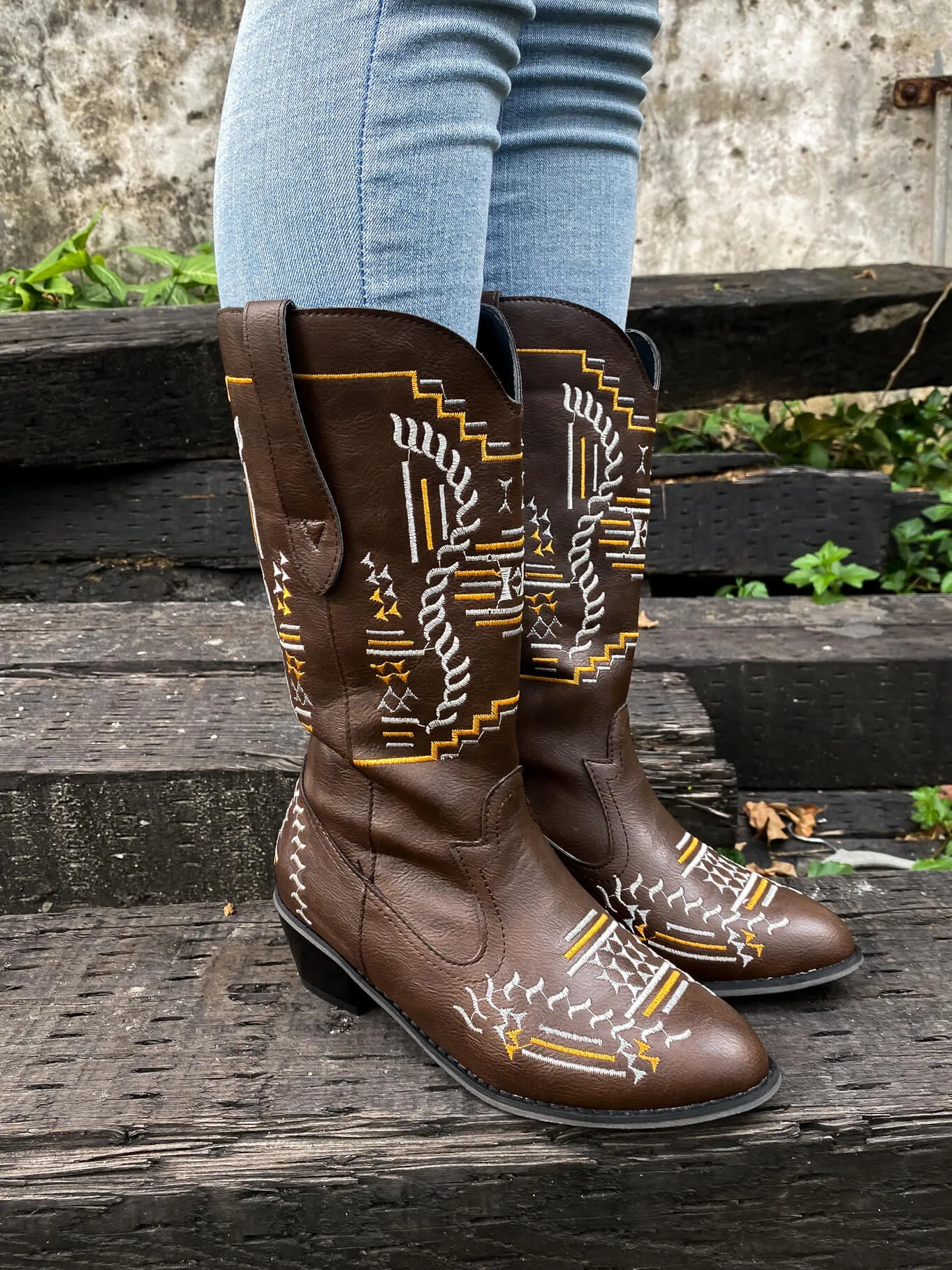 Geometric Embroidered Knee Cowboy Boots - Brown
