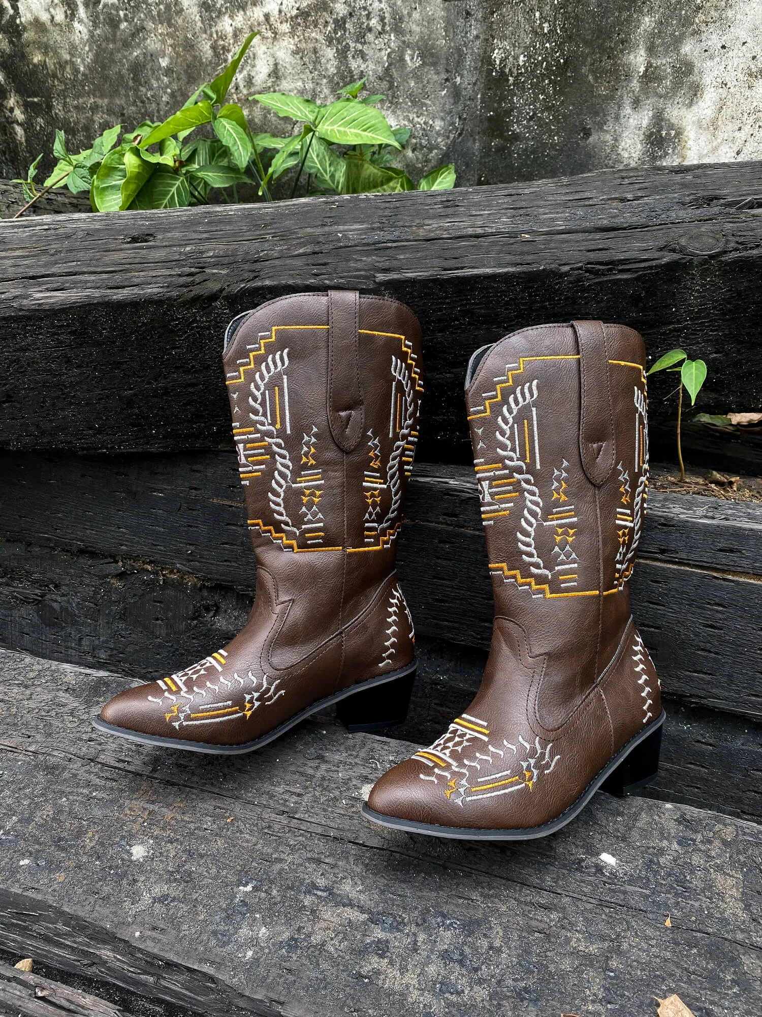 Geometric Embroidered Knee Cowboy Boots - Brown