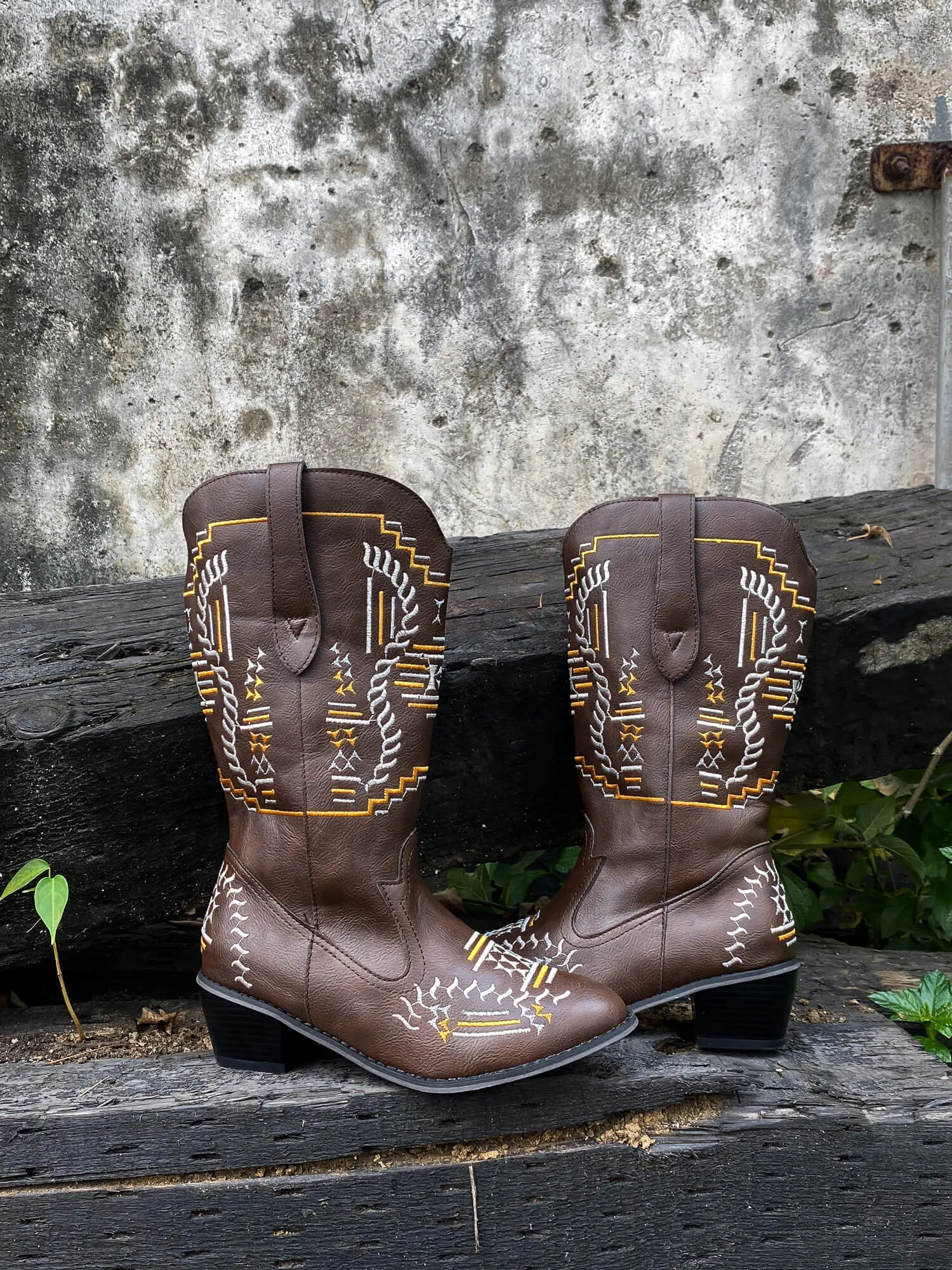 Geometric Embroidered Knee Cowboy Boots - Brown