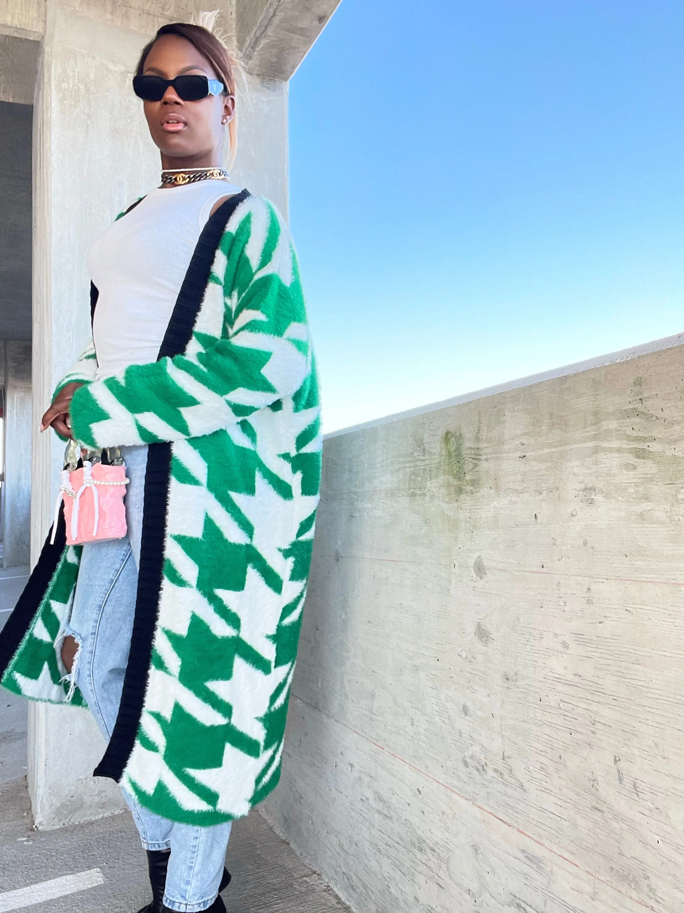 Green and White Long Cardigan