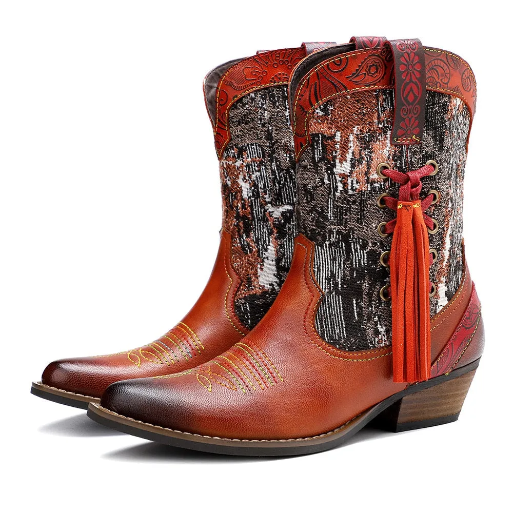 Handmade Colorful cow leather print with women's boots cowboy boots