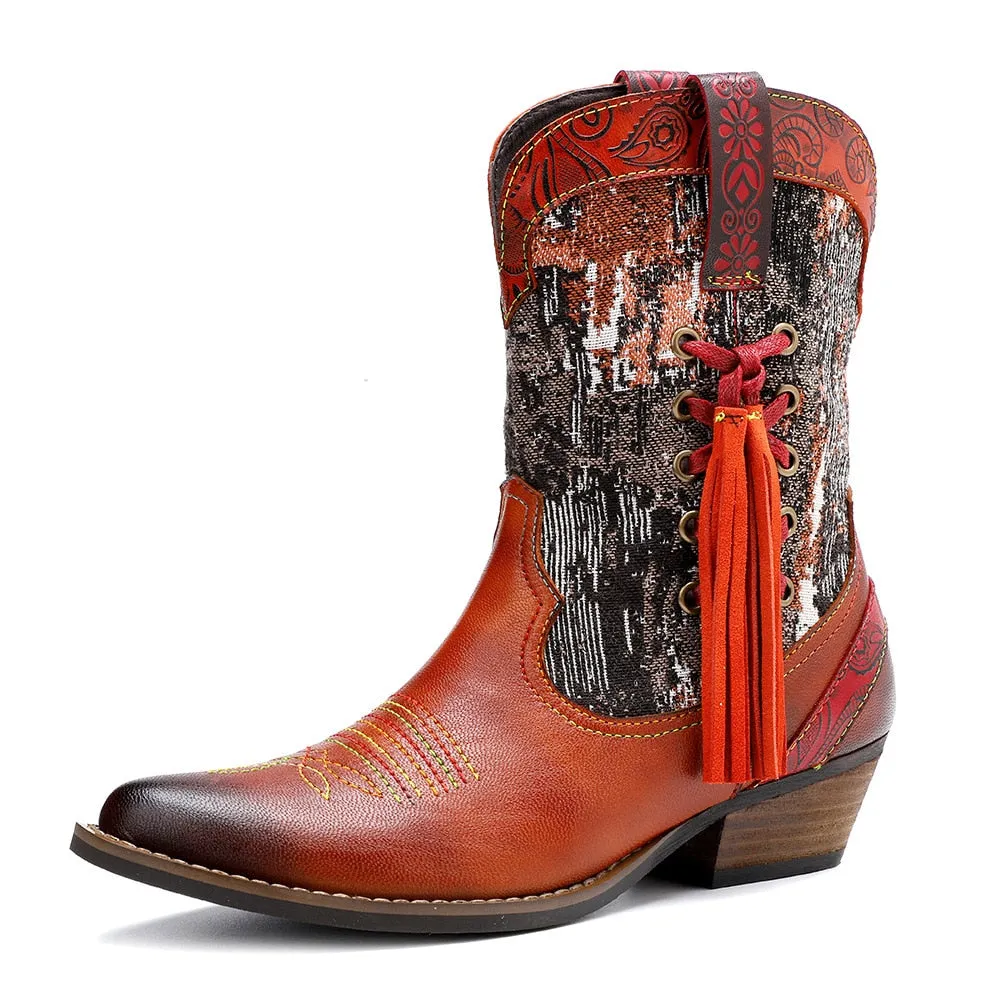 Handmade Colorful cow leather print with women's boots cowboy boots