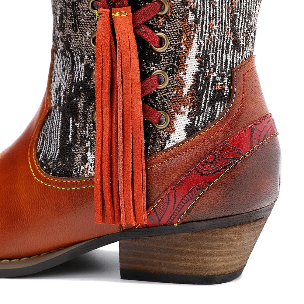 Handmade Colorful cow leather print with women's boots cowboy boots