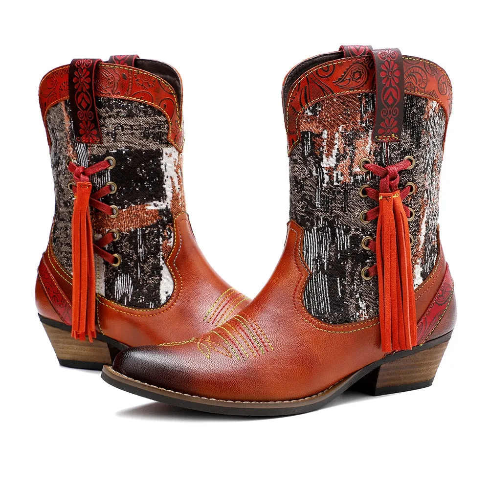 Handmade Colorful cow leather print with women's boots cowboy boots