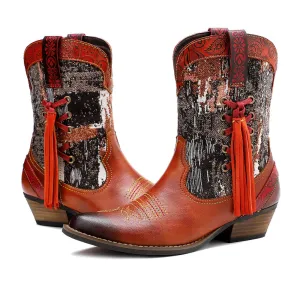 Handmade Colorful cow leather print with women's boots cowboy boots